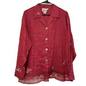 David Dart Collection Linen Embroidered Lace Buttons Long Sleeve Blouse XL Red